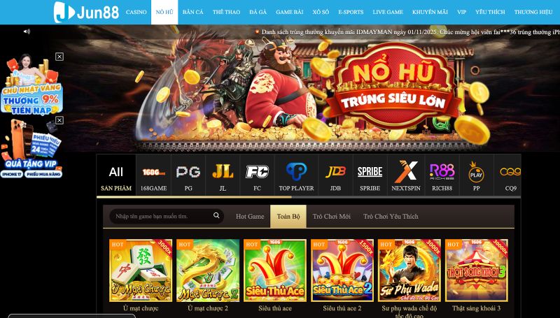 Kho nổ hũ online Jun88 đa dạng trò chơi 